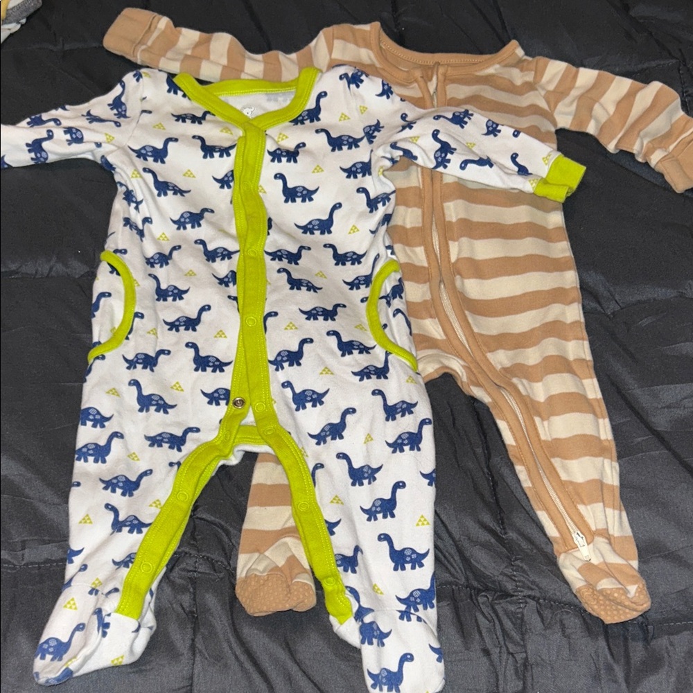 Koala Kids Blue Dinosaur and Colored organics Tan Striped Footies